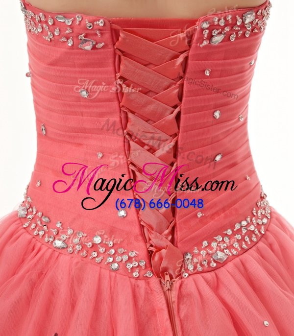 wholesale watermelon red sleeveless floor length beading and ruching lace up ball gown prom dress