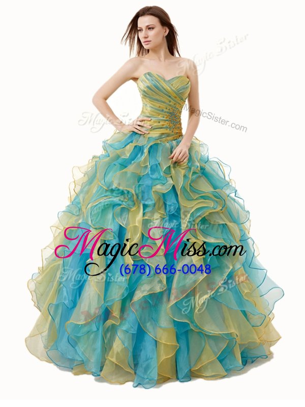 wholesale traditional sleeveless floor length beading and ruffles and ruching lace up quinceanera dress with multi-color