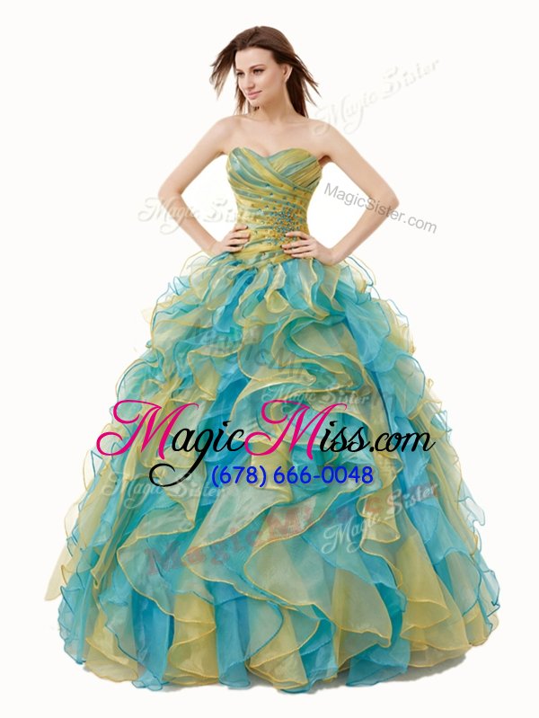 wholesale traditional sleeveless floor length beading and ruffles and ruching lace up quinceanera dress with multi-color
