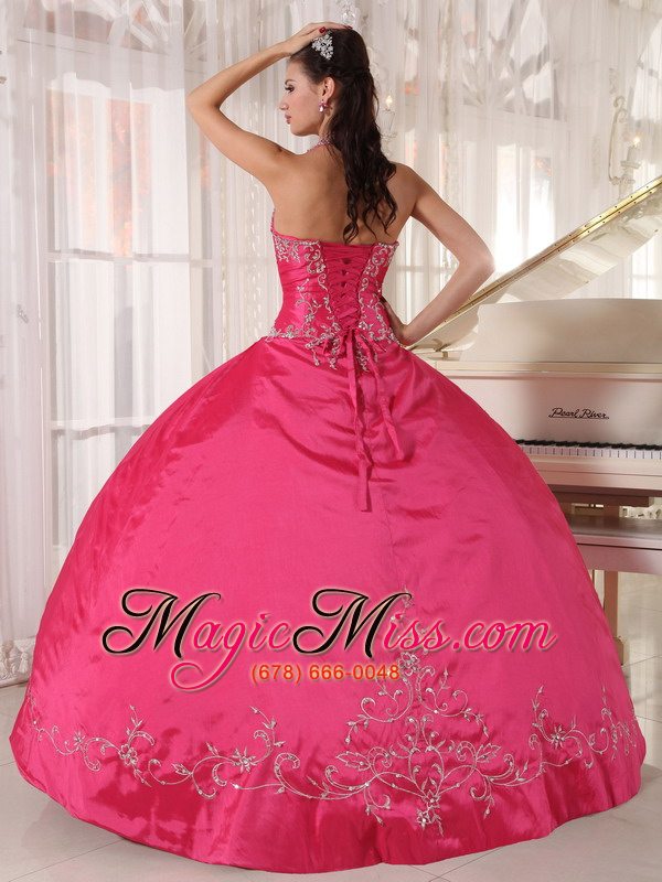 wholesale red ball gown halter floor-length taffeta appliques quinceanera dress