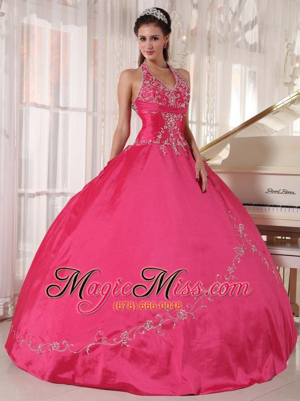 wholesale red ball gown halter floor-length taffeta appliques quinceanera dress