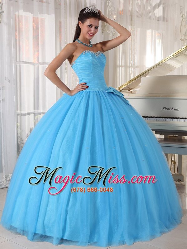 wholesale aqua blue ball gown sweetheart floor-length tulle beading and bowknot quinceanera dress