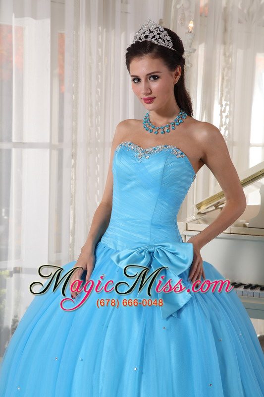 wholesale aqua blue ball gown sweetheart floor-length tulle beading and bowknot quinceanera dress