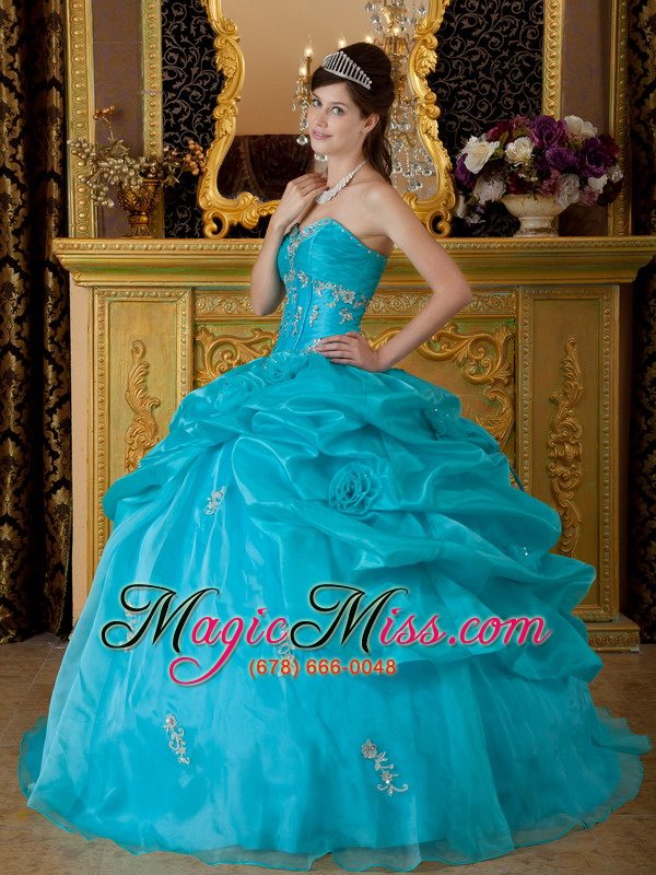 wholesale teal ball gown sweetheart floor-length organza appliques quinceanera dress