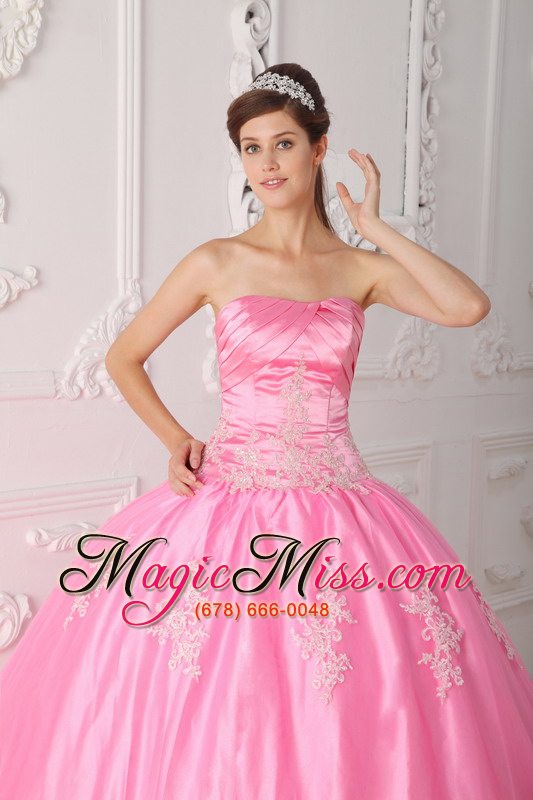 wholesale pink ball gown strapless floor-length lace appliques quinceanera dress