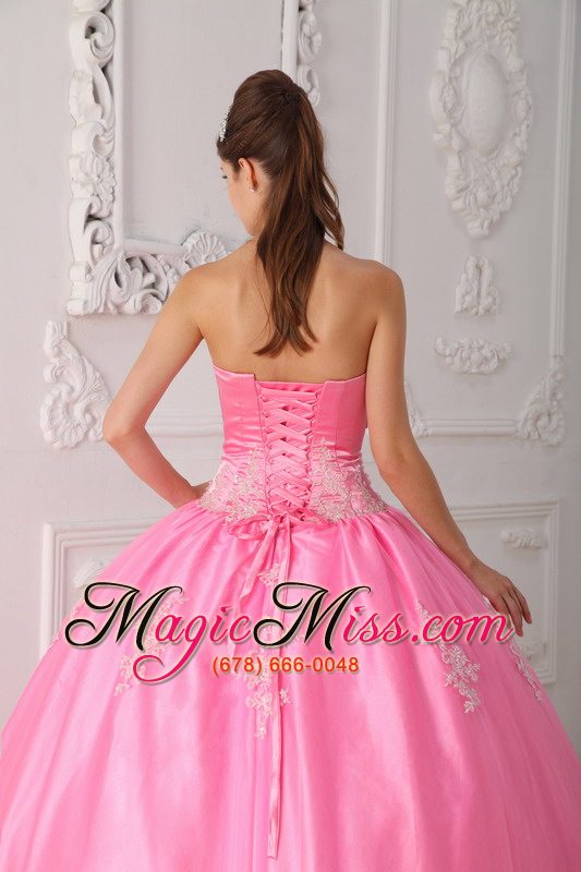 wholesale pink ball gown strapless floor-length lace appliques quinceanera dress