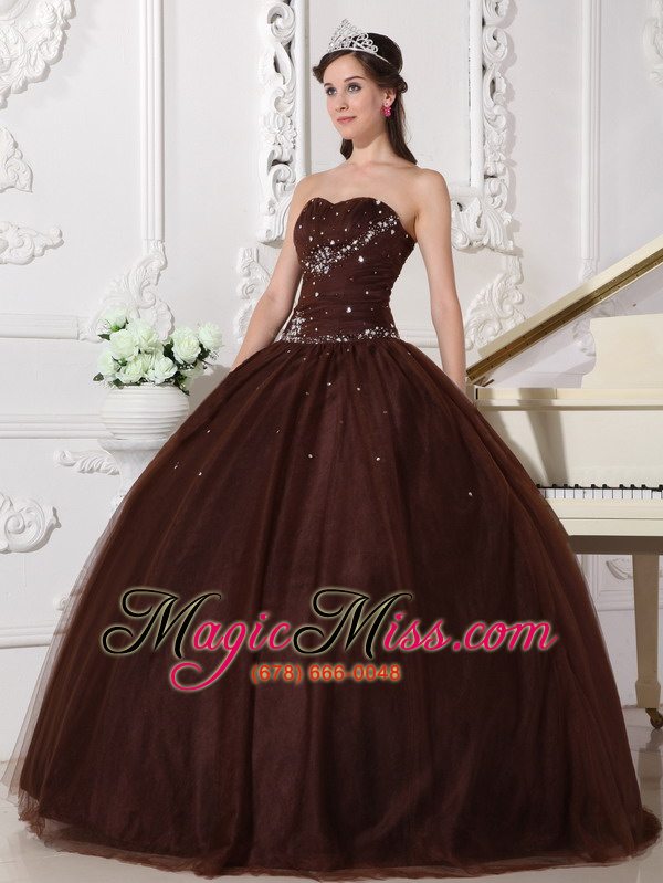 wholesale brown ball gown sweetheart floor-length tulle rhinestone quinceanera dress