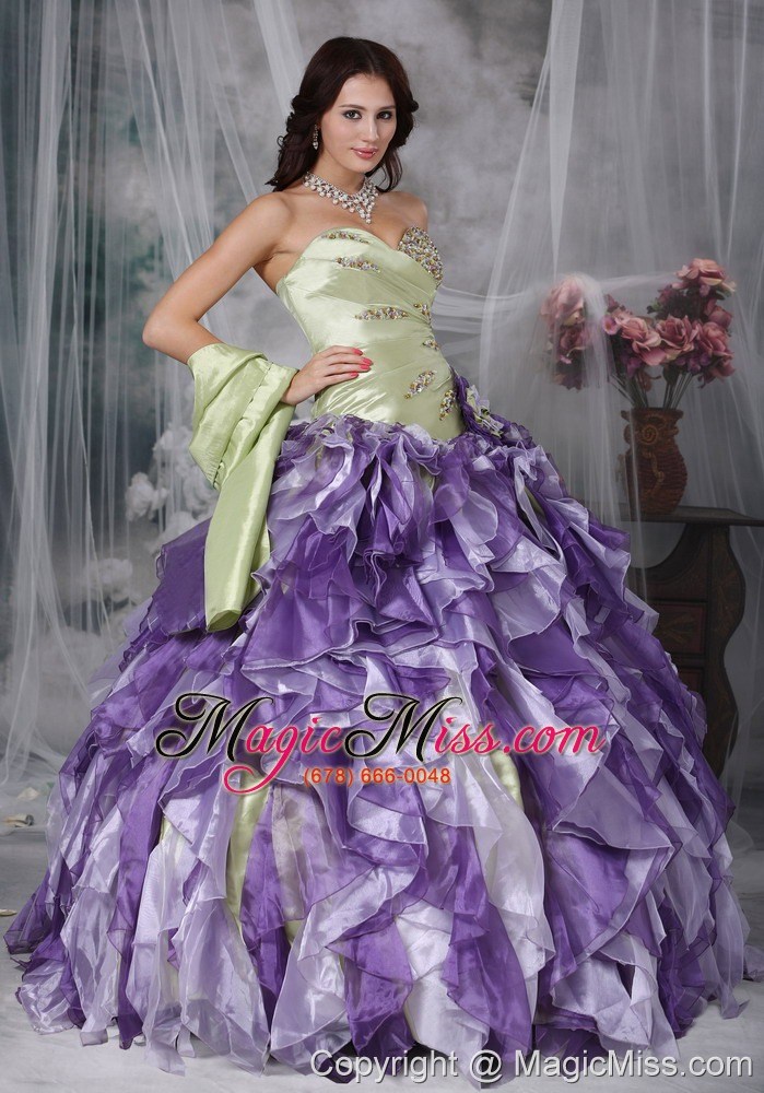 wholesale colorful ball gown sweetheart floor-length taffeta and organza beading and ruffles quinceanea dress