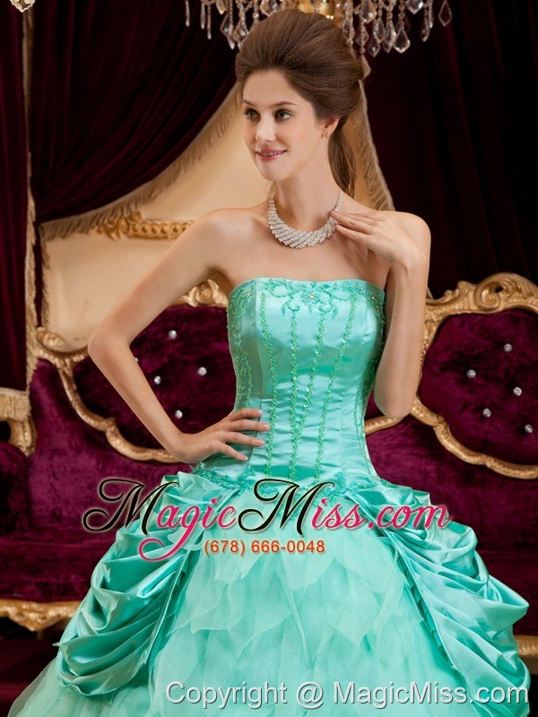 wholesale apple green ball gown strapless floor-length ruffles taffeta and organza quinceanera dress