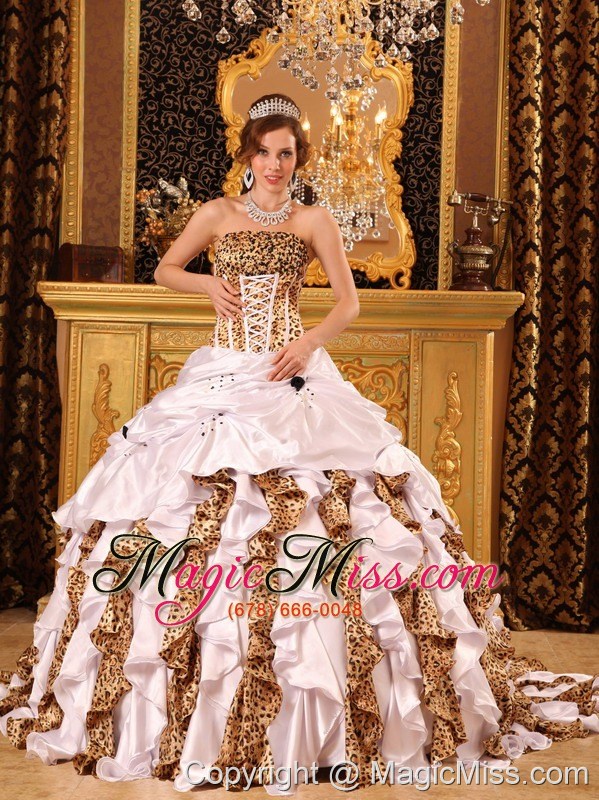 wholesale gorgeous ball gown strapless brush train taffeta and zara white quinceanera dress