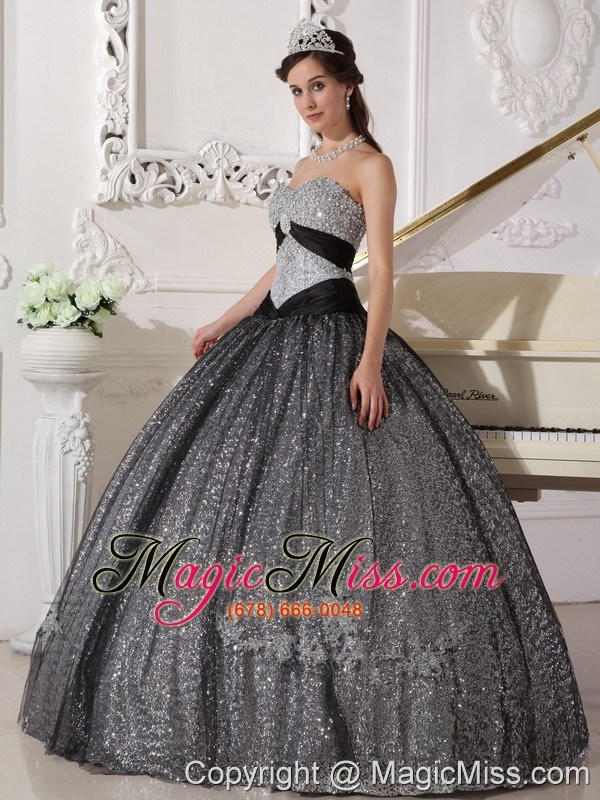 wholesale black ball gown sweetheart floor-length sequined and tulle appliques quinceanera dress