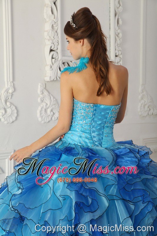 wholesale aqua blue ball gown one shoulder floor-length satin and organza beading quinceanera dress