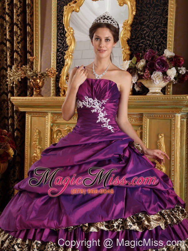 wholesale purple ball gown one shoulder floor-length taffeta and leopard appliques quinceanera dress