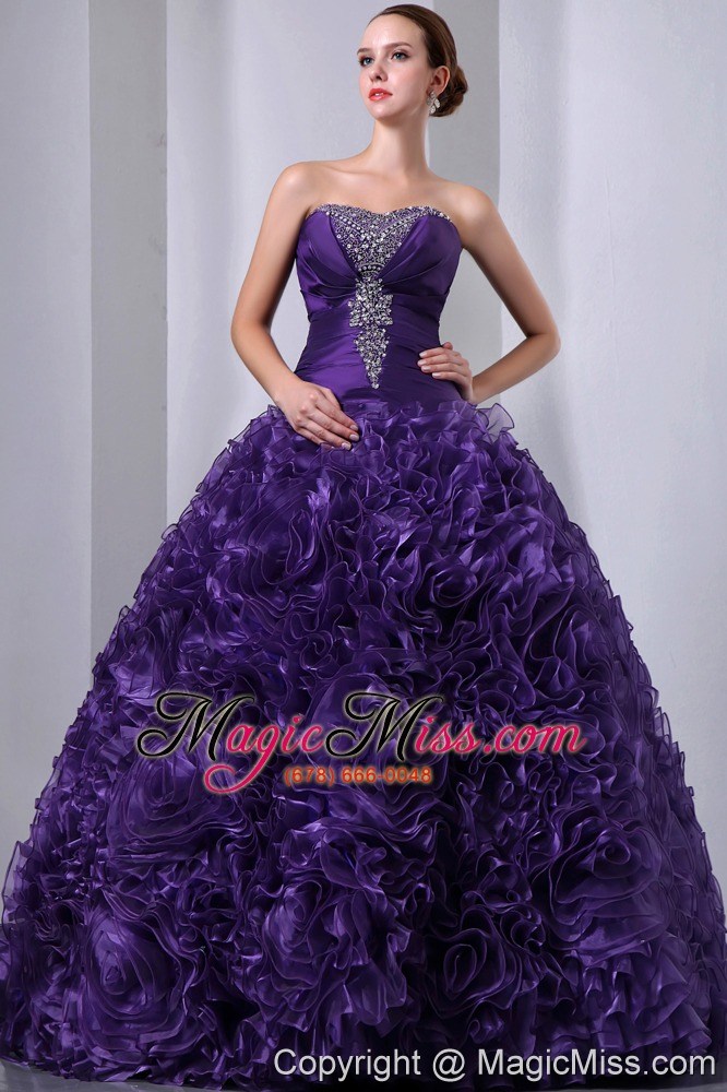 wholesale purple a-line / princess strapless floor-length organza beading and hand made flowers quinceanea dress