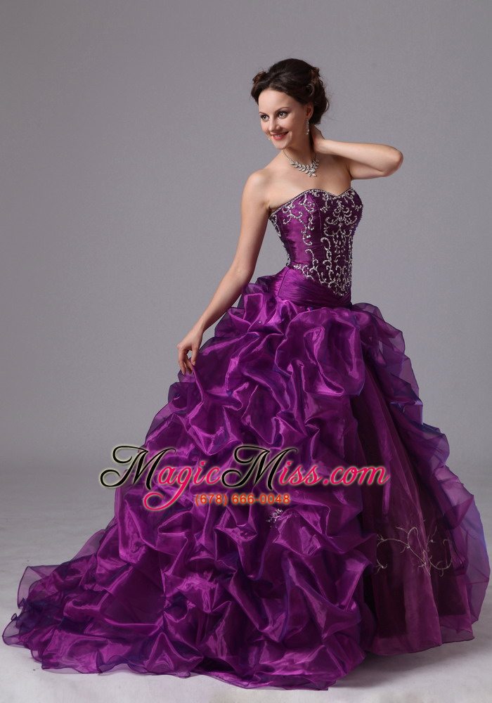 wholesale embroider and pick-ups sweep train for eggplant purple quinceanera dress for custom made in griffin georgia