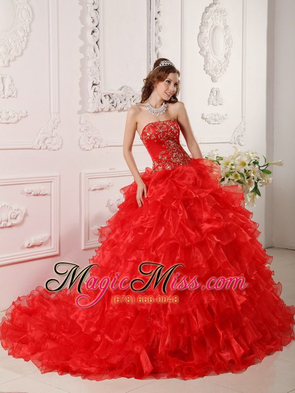 wholesale redball gown strapless floor-length organza ruffles and embroidery quinceanera dress