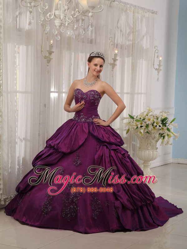 wholesale eggplant purple ball gown sweetheart court train taffeta appliques quinceanera dress