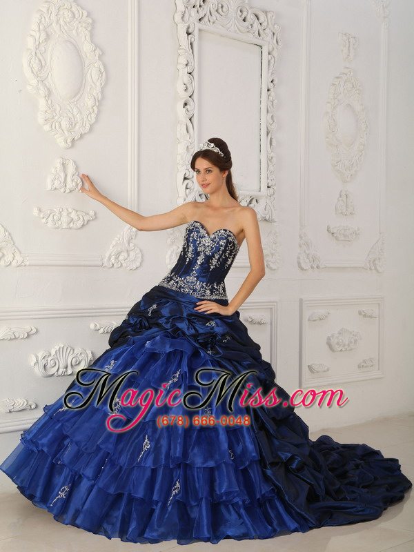 wholesale royal blue ball gown sweetheart chapel train taffeta and organza appliques quinceanera dress