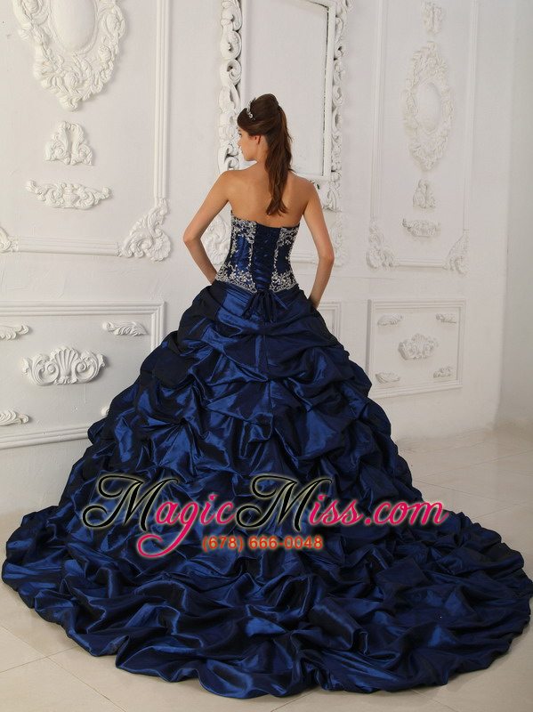 wholesale royal blue ball gown sweetheart chapel train taffeta and organza appliques quinceanera dress