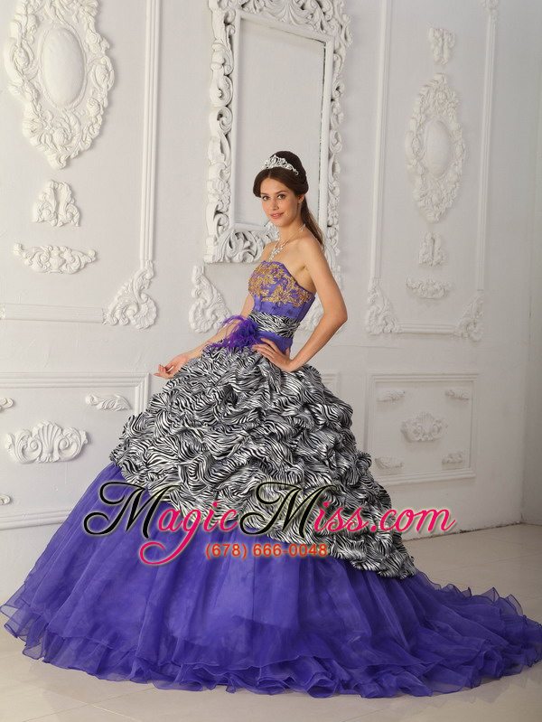 wholesale purple ball gown strapless chapel train zebra and organza quinceanera dress