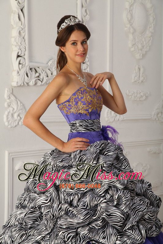 wholesale purple ball gown strapless chapel train zebra and organza quinceanera dress