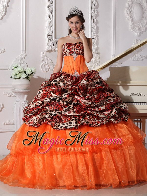 wholesale orange ball gown sweetheart sweep / brush train leopard and organza appliques quinceanera dress