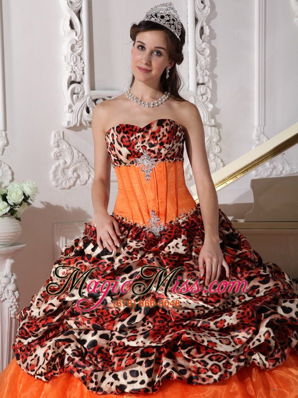 wholesale orange ball gown sweetheart sweep / brush train leopard and organza appliques quinceanera dress