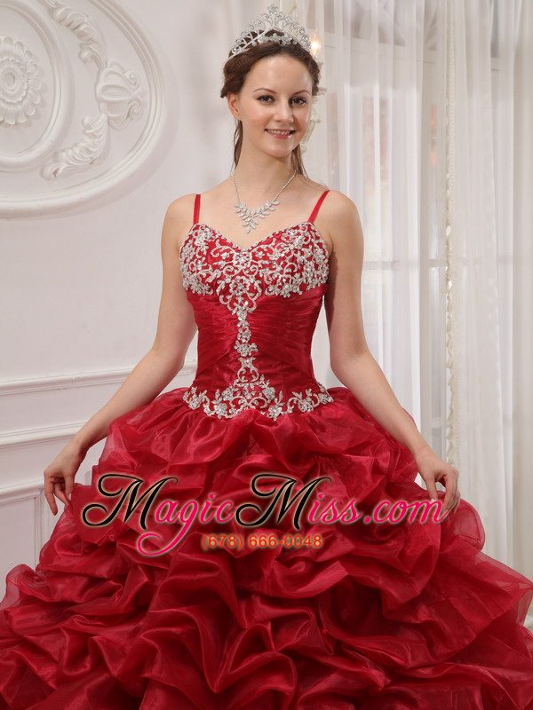 wholesale wine red ball gown spaghetti straps court train organza beading quinceanera dress