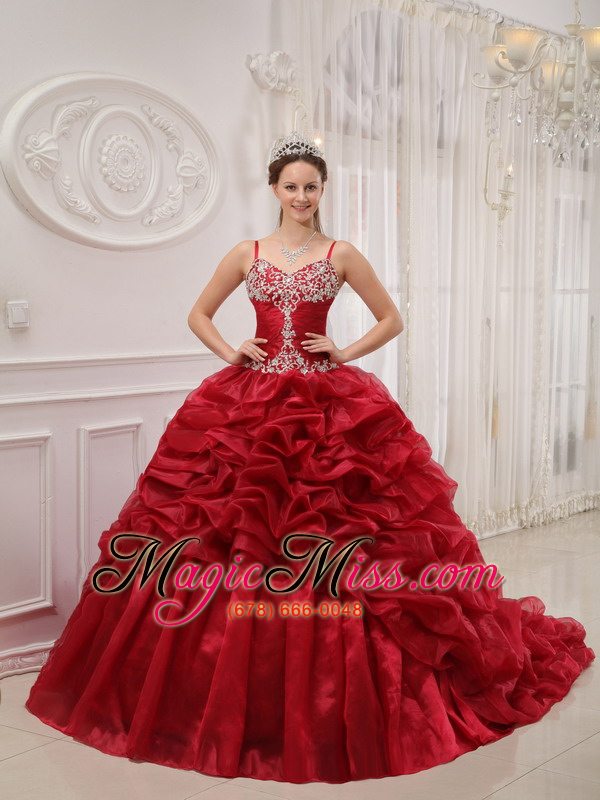 wholesale wine red ball gown spaghetti straps court train organza beading quinceanera dress