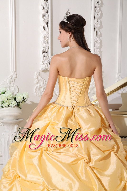 wholesale gold ball gown strapless chapel train taffeta beading quinceanera dress