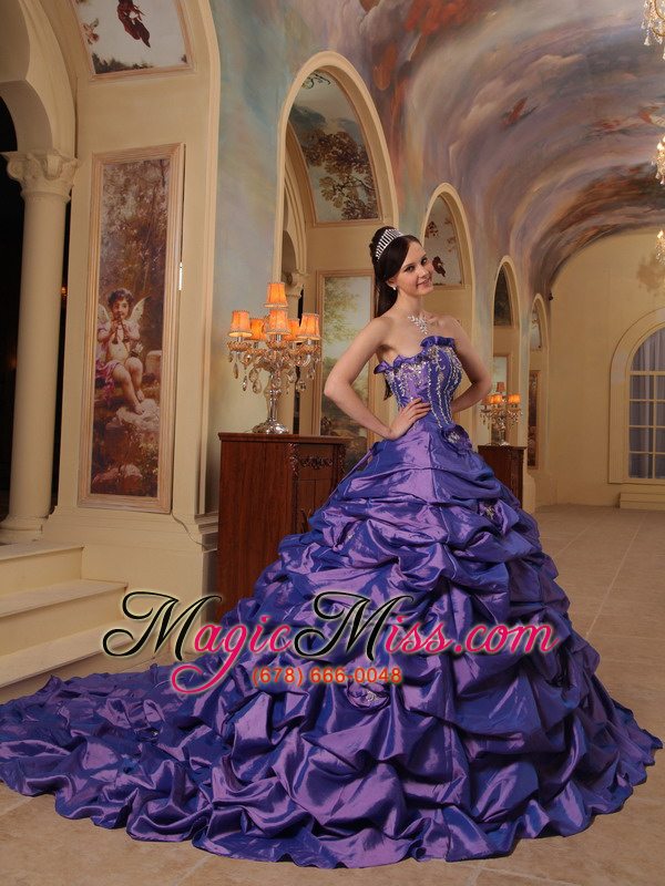 wholesale purple ball gown strapless court train pick-ups taffeta quinceanera dress