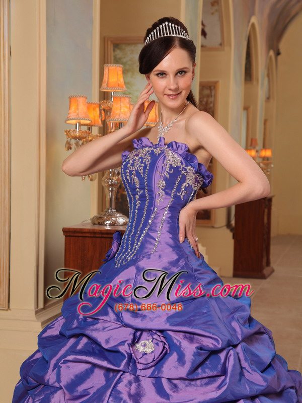 wholesale purple ball gown strapless court train pick-ups taffeta quinceanera dress