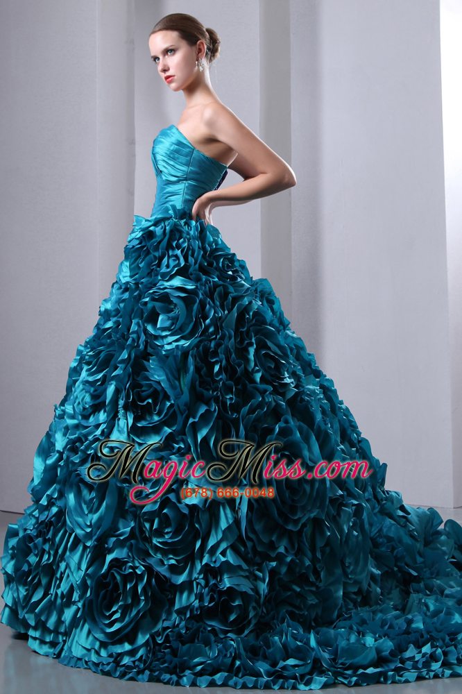 wholesale teal a-line / princess sweetheart brush train taffeta ruch and hand made flowers quinceanea dress