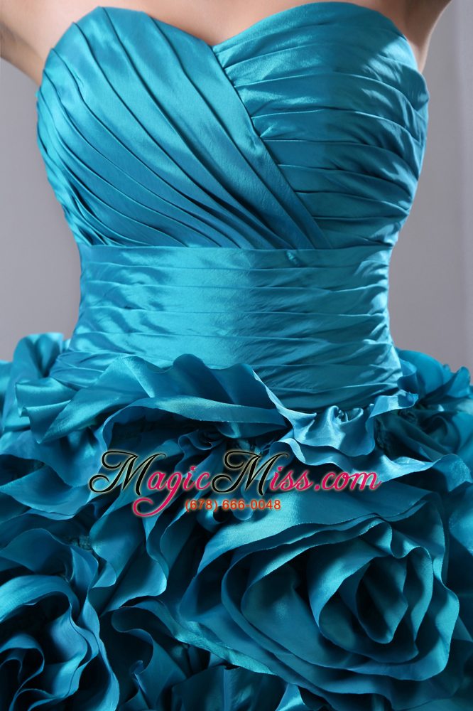 wholesale teal a-line / princess sweetheart brush train taffeta ruch and hand made flowers quinceanea dress