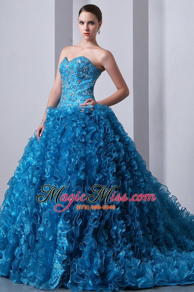wholesale blue a-line / princess sweetheart brush train organza beading and ruffles quinceanea dress