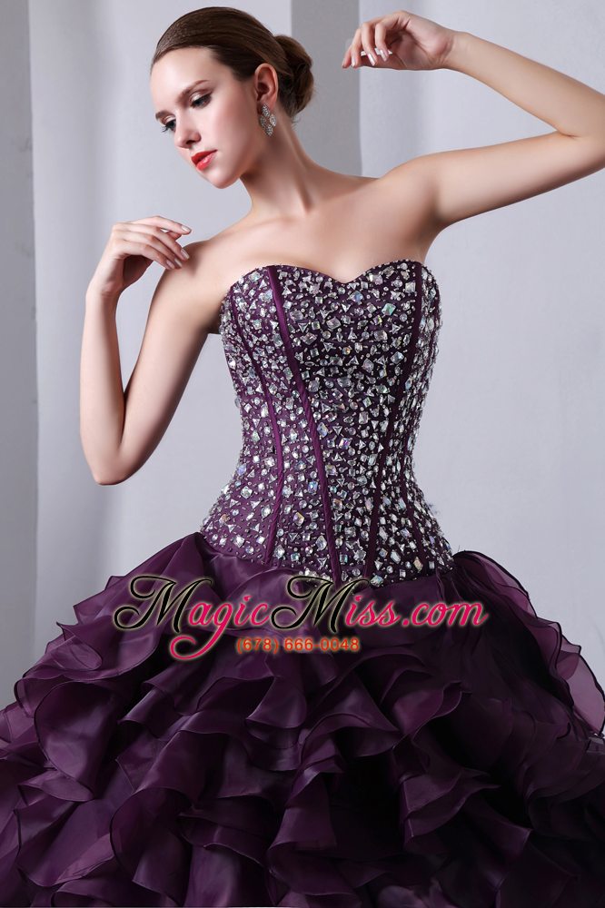 wholesale purple a-line / princess sweetheart brush train organza beading and ruffles quinceanea dress