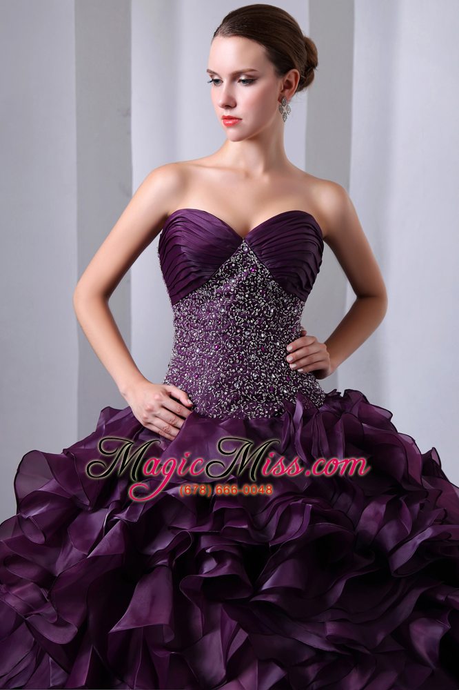 wholesale purple a-line / princess sweetheart brush train organza beading and ruffles quinceanea dress