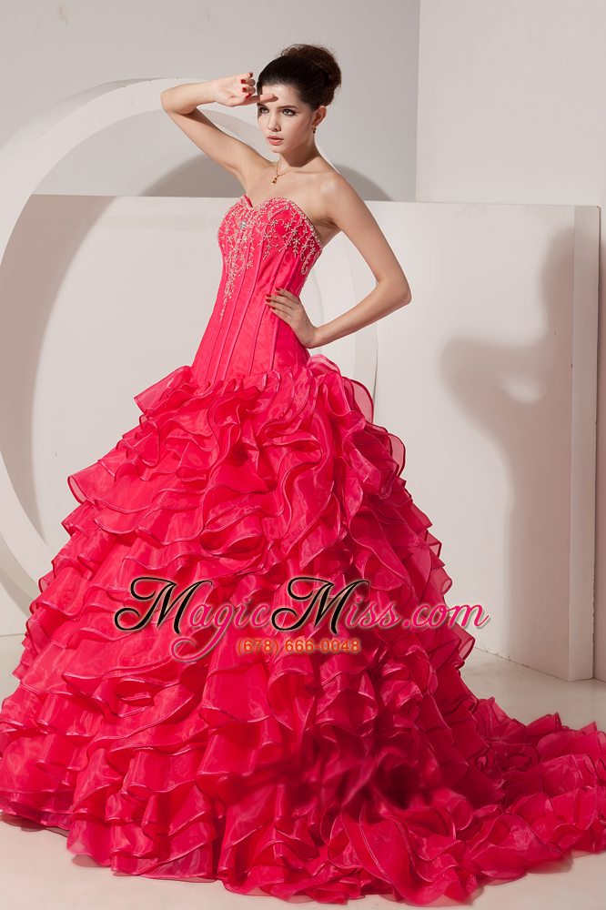 wholesale coral red a-line / princess sweetheart brush train taffeta beading prom dress