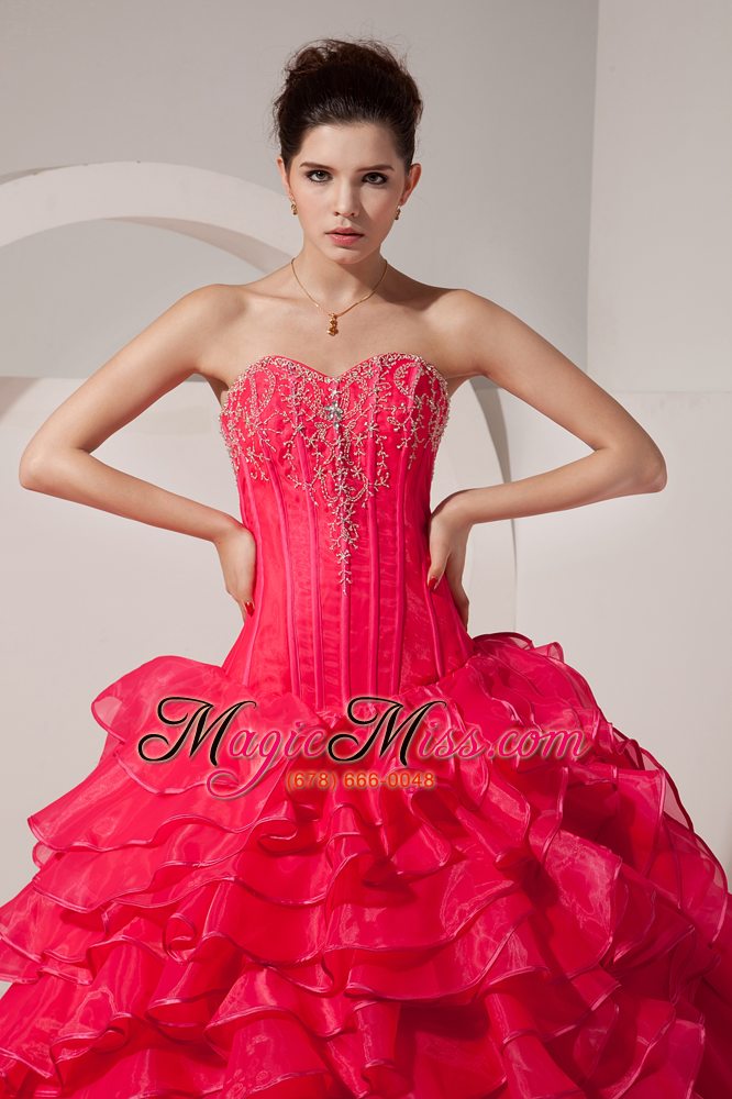 wholesale coral red a-line / princess sweetheart brush train taffeta beading prom dress