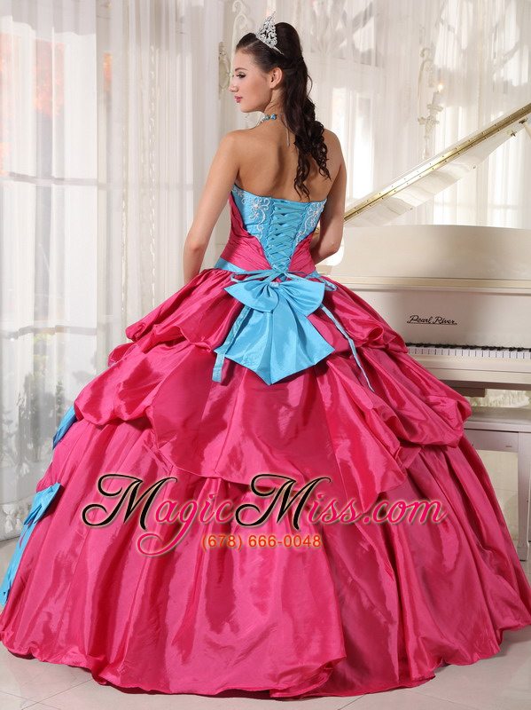 wholesale aqua blue and hot pink ball gown sweetheart floor-length taffeta appliques quinceanera dress