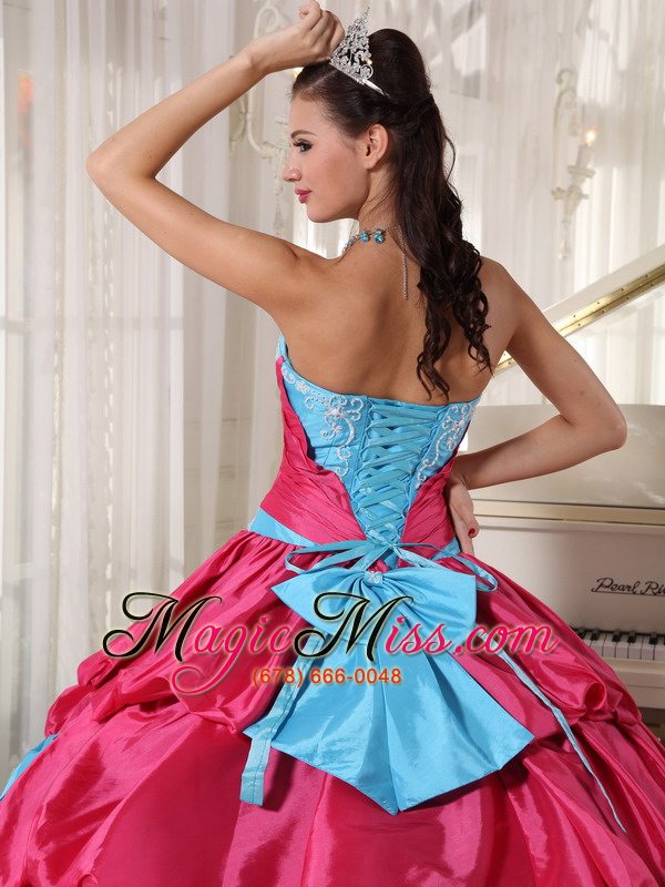 wholesale aqua blue and hot pink ball gown sweetheart floor-length taffeta appliques quinceanera dress