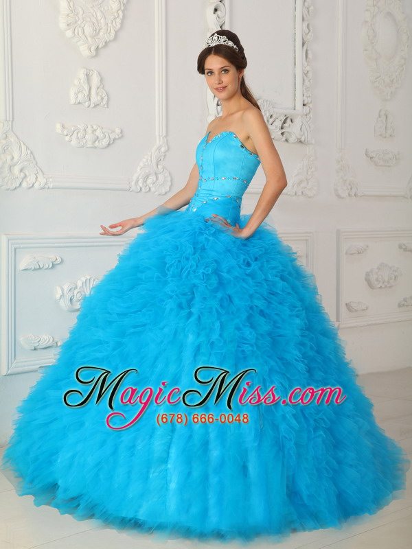 wholesale blue ball gown sweetheart floor-length satin and organza beading quinceanera dress