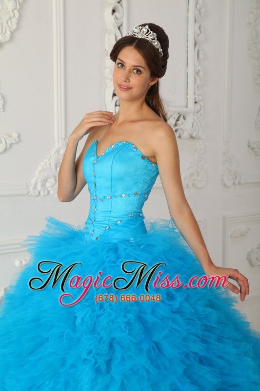 wholesale blue ball gown sweetheart floor-length satin and organza beading quinceanera dress
