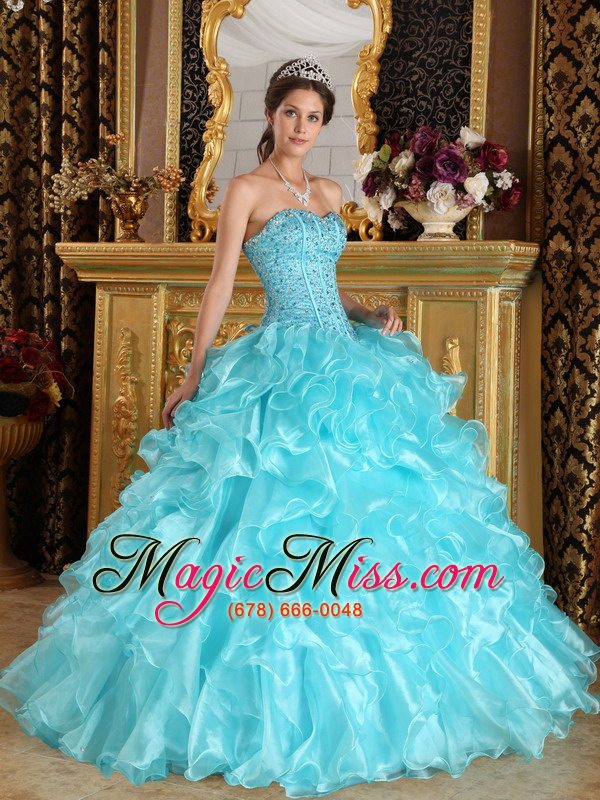 wholesale aqua blue ball gown sweetheart floor-length ruffles organza quinceanera dress
