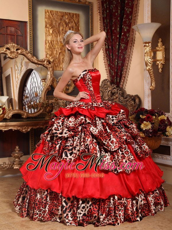 wholesale red ball gown strapless floor-length taffeta and leopard pick-ups quinceanera dress