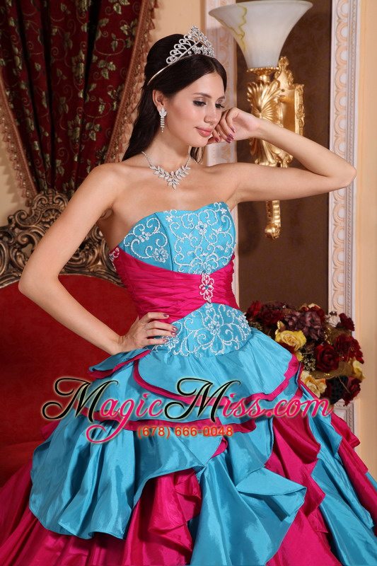 wholesale aqua blue and red ball gown strapless floor-length taffeta embroidery quinceanera dress