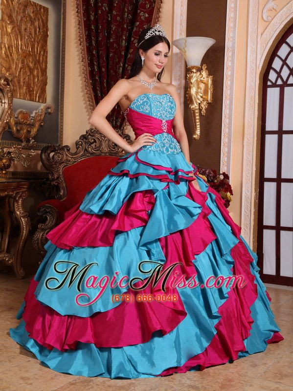 wholesale aqua blue and red ball gown strapless floor-length taffeta embroidery quinceanera dress