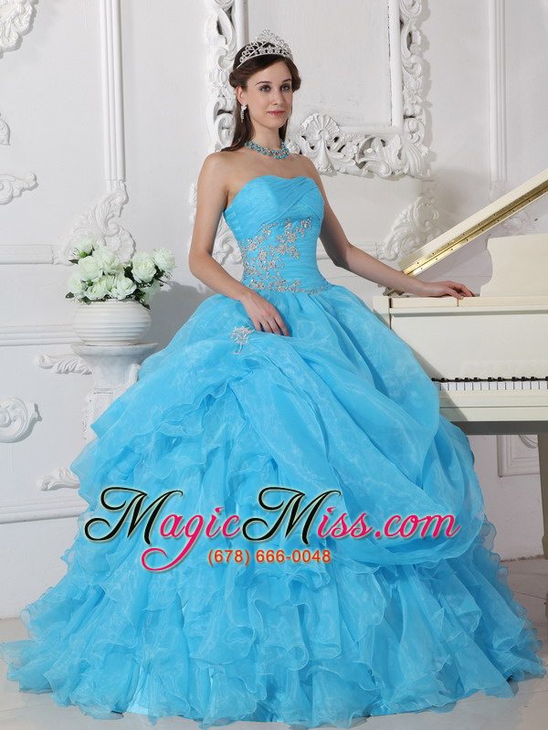 wholesale aqua blue ball gown strapless floor-length organza beading quinceanera dress