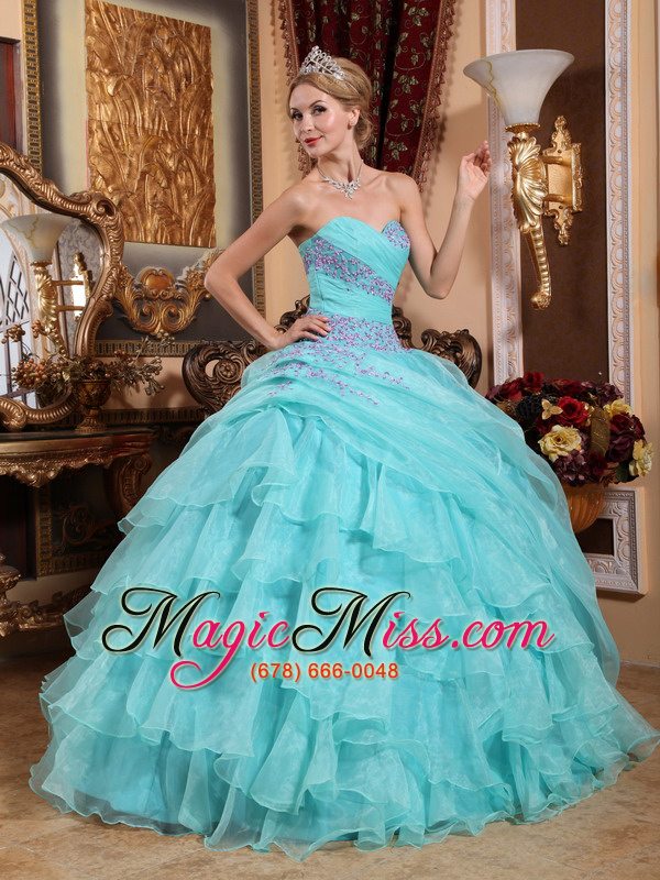 wholesale baby blue ball gown sweetheart floor-length organza appliques and ruch quinceanera dress