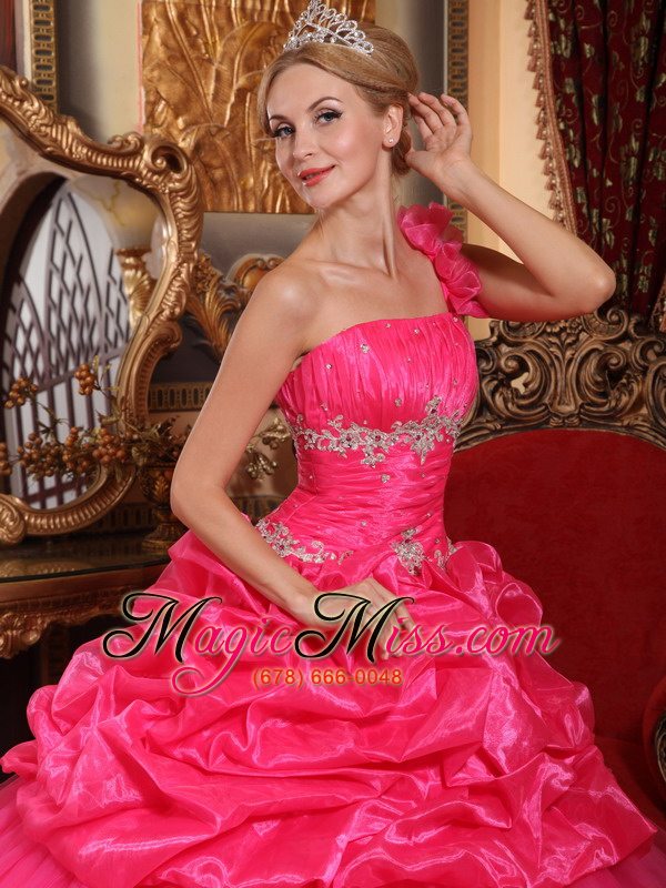wholesale hot pink ball gown one shoulder floor-length organza beading and pick-ups quinceanera dress